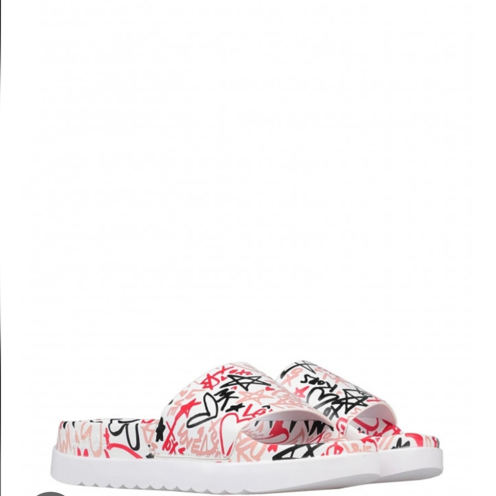 New Michael Kors Tyra Qixi Graffiti Print Optic White Slides Size 9 - Picture 1 of 16